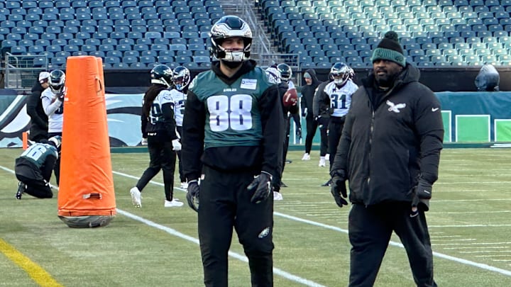 Dallas Goedert prepares for a wildcard game against the Packers during a practice at Lincoln Financial Field.