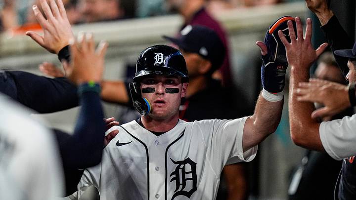 Detroit Tigers third baseman Kevin McGonigle (7) celebrates scoring a run. Detroit Tigers third baseman Kevin McGonigle (7) celebrates scoring a run.