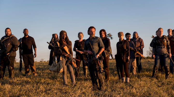 Cooper Andrews as Jerry, Khary Payton as Ezekiel, Danai Gurira as Michonne, Melissa McBride as Carol Peletier, Andrew Lincoln as Rick Grimes, Norman Reedus as Daryl Dixon, Christian Serratos as Rosita Espinosa in The Walking Dead season 8