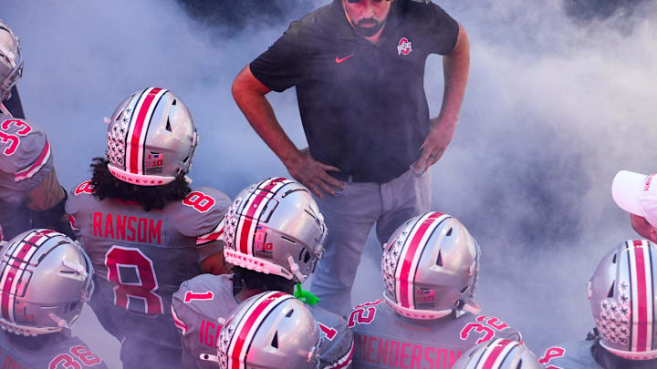 Oct 5, 2024; Columbus, Ohio, USA; Ohio State Buckeyes head coach Ryan Day looks at his players before the game against the Iowa Hawkeyes on Saturday.