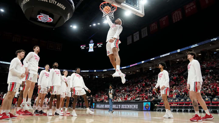 Mar 26, 2024; Columbus, OH, USA; Ohio State Buckeyes guard Roddy Gayle Jr. (1) dunks in warm-ups prior to the NIT quarterfinals against the Georgia Bulldogs at Value City Arena. Mar 26, 2024; Columbus, OH, USA; Ohio State Buckeyes guard Roddy Gayle Jr. (1) dunks in warm-ups prior to the NIT quarterfinals against the Georgia Bulldogs at Value City Arena.