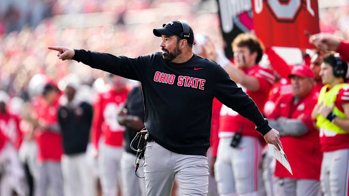 Ohio State Buckeyes head coach Ryan Day motions from the sideline during the first half of the NCAA football game against the Rutgers Scarlet Knights at Ohio Stadium in Columbus on Nov. 22, 2025.