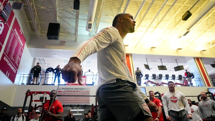 Ohio State Buckeyes wide receiver Emeka Egbuka reacts to his high jump during the pro day for NFL scouts. Ohio State Buckeyes wide receiver Emeka Egbuka reacts to his high jump during the pro day for NFL scouts.