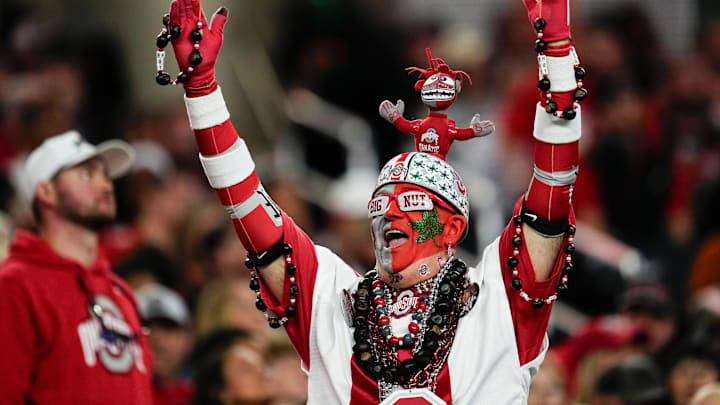 Ohio State Buckeyes fan Big Nut cheers during the Cotton Bowl at AT&T Stadium in Arlington, Texas for the College Football Playoff quarterfinal game against the Miami Hurricanes.