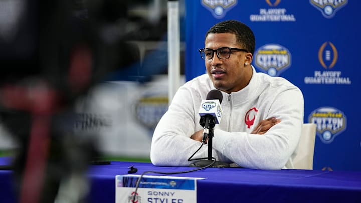 Ohio State Buckeyes linebacker Sonny Styles speaks during the Cotton Bowl Media Day at AT&T Stadium in Dallas Ohio State Buckeyes linebacker Sonny Styles speaks during the Cotton Bowl Media Day at AT&T Stadium in Dallas
