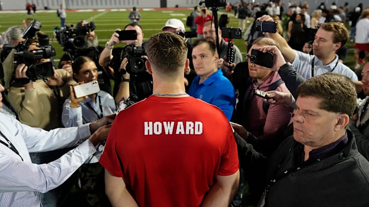 Ohio State Buckeyes quarterback Will Howard speaks to media following his pro day for NFL scouts at the Woody Hayes Athletic Cente on March 26, 2025.