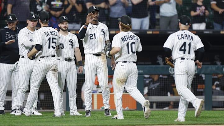 The Chicago White Sox celebrate Tuesday's win against the Detroit Tigers at Rate Field. 