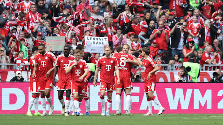 Bayern Munich players celebrating a goal against FC Koln.
