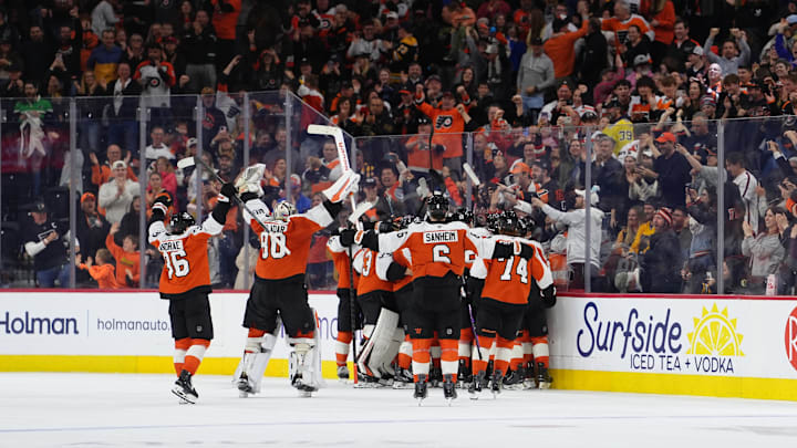 Apr 5, 2026; Philadelphia, Pennsylvania, USA; The Philadelphia Flyers celebrate after the game against the Boston Bruins at Xfinity Mobile Arena.