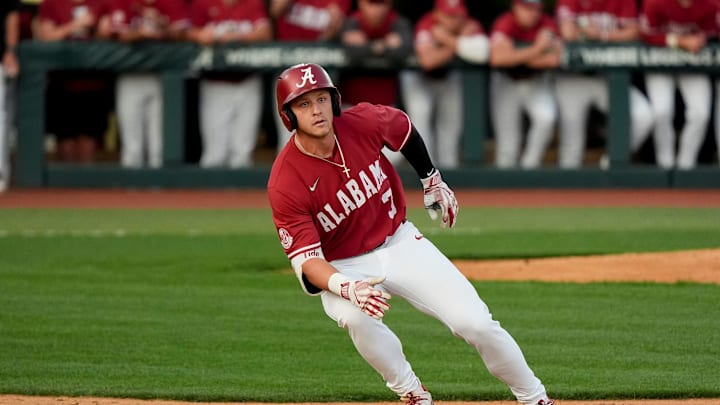 Mar 18, 2025; Tuscaloosa AL, USA; Alabama batter Kade Snell rounds first with a single against South Alabama at Sewell-Thomas Stadium. Mar 18, 2025; Tuscaloosa AL, USA; Alabama batter Kade Snell rounds first with a single against South Alabama at Sewell-Thomas Stadium.