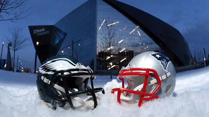 Jan 31, 2018; Minneapolis, MN, USA; General overall view of Philadelphia Eagles and New England Patriots helmets at U.S. Bank Stadium prior to Super Bowl LII. Mandatory Credit: Kirby Lee-Imagn Images