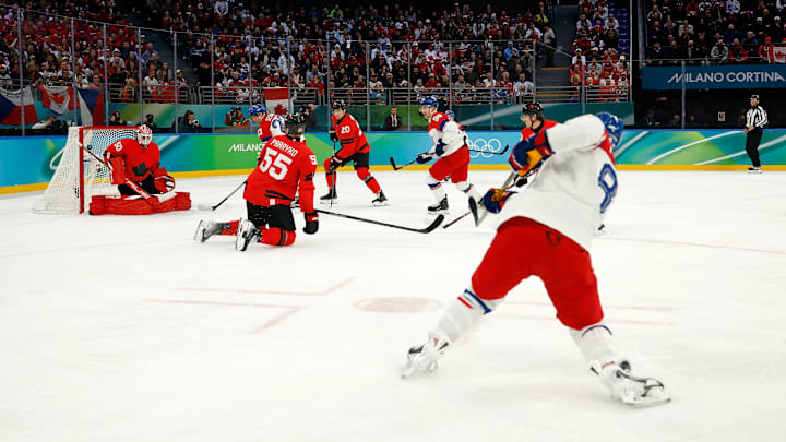 Feb 18, 2026; Milan, Italy; David Pastrnak of Czechia scores a goal against Canada in a men's ice hockey quarterfinal during the Milano Cortina 2026 Olympic Winter Games at Milano Santagiulia Ice Hockey Arena. Mandatory Credit: Geoff Burke-Imagn Images Feb 18, 2026; Milan, Italy; David Pastrnak of Czechia scores a goal against Canada in a men's ice hockey quarterfinal during the Milano Cortina 2026 Olympic Winter Games at Milano Santagiulia Ice Hockey Arena. Mandatory Credit: Geoff Burke-Imagn Images