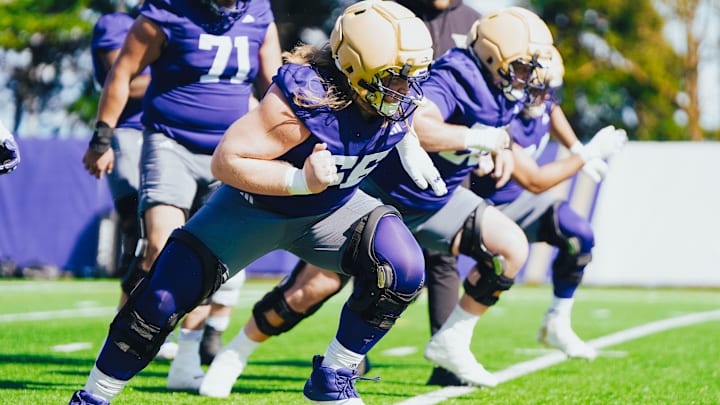 Landen and Geirean Hatchett, side by side, come out of a stance in UW spring ball. Landen and Geirean Hatchett, side by side, come out of a stance in UW spring ball.