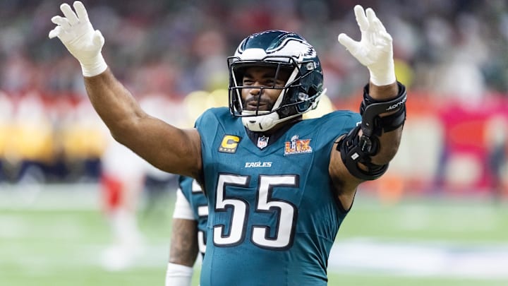 Philadelphia Eagles defensive end Brandon Graham (55) against the Kansas City Chiefs during Super Bowl LIX at Caesars Superdome.