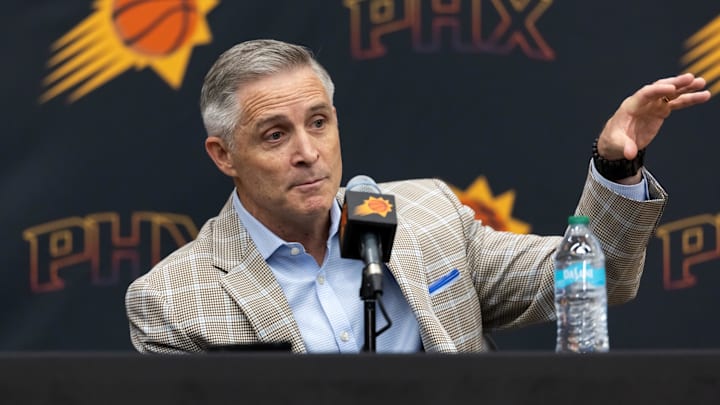 Jun 10, 2025; Scottsdale, AZ, USA; Phoenix Suns general manager Brian Gregory during an introductory press conference at the Verizon 5g Performance Center. Mandatory Credit: Mark J. Rebilas-Imagn Images