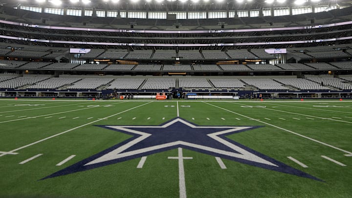 Nov 30, 2017; Arlington, TX, USA; General overall view of the Dallas Cowboys logo at midfield during an NFL football game between the Washington Redskins and the Cowboys at AT&T Stadium. 