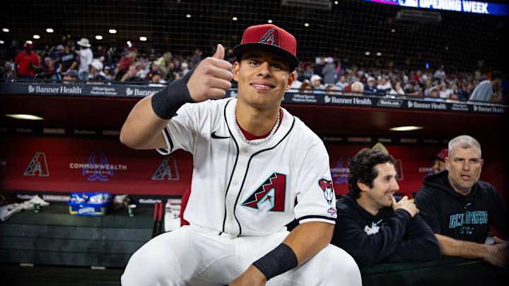 Apr 1, 2024; Phoenix, Arizona, USA; Arizona Diamondbacks outfielder Jorge Barrosa reacts prior to his first career major league game against the New York Yankees at Chase Field. Mandatory Credit: Mark J. Rebilas-Imagn Images