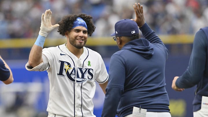 May 3, 2026; St. Petersburg, Florida, USA; Tampa Bay Rays first baseman Jonathan Aranda (8) celebrates a win during the tenth inning against San Francisco Giants at Tropicana Field. 