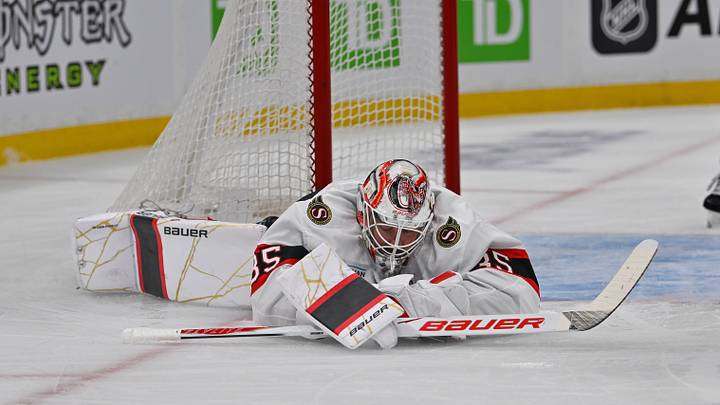 Oct 5, 2026; Boston, Massachusetts, USA; Ottawa Senators goaltender Linus Ullmark (35) makes a save during the first period against the Boston Bruins at TD Garden. Mandatory Credit: Eric Canha-Imagn Images