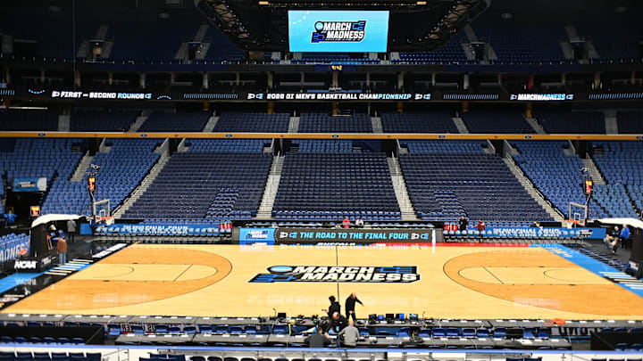 Mar 18, 2026; Buffalo, NY, USA; The court of the KeyBank Center arena ahead of the first round of the men's 2026 NCAA Tournament. Mandatory Credit: Mark Konezny-Imagn Images Mar 18, 2026; Buffalo, NY, USA; The court of the KeyBank Center arena ahead of the first round of the men's 2026 NCAA Tournament. Mandatory Credit: Mark Konezny-Imagn Images