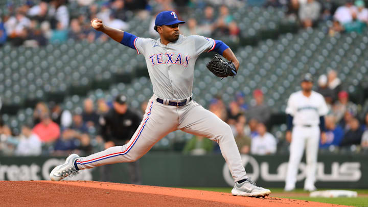 Sep 12, 2024; Seattle, Washington, USA; Texas Rangers starting pitcher Kumar Rocker (80) pitches to the Seattle Mariners during the first inning at T-Mobile Park. 