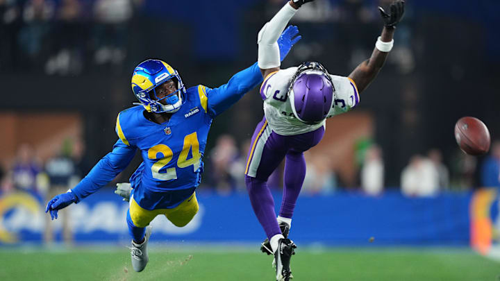 Jan 13, 2025; Glendale, AZ, USA; Minnesota Vikings wide receiver Jordan Addison (3) attempts to make a catch against Los Angeles Rams cornerback Darious Williams (24) during the second half in an NFC wild card game at State Farm Stadium. Mandatory Credit: Joe Camporeale-Imagn Images Jan 13, 2025; Glendale, AZ, USA; Minnesota Vikings wide receiver Jordan Addison (3) attempts to make a catch against Los Angeles Rams cornerback Darious Williams (24) during the second half in an NFC wild card game at State Farm Stadium. Mandatory Credit: Joe Camporeale-Imagn Images