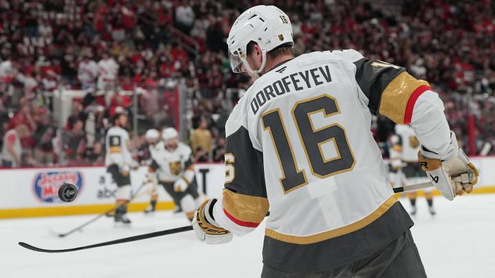 Jun 4, 2026; Raleigh, North Carolina, USA; Vegas Golden Knights right wing Pavel Dorofeyev (16) warms up before a game against the Carolina Hurricanes in game two of the 2026 Stanley Cup Final at Lenovo Center. 