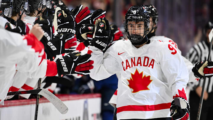 Future Penn State men's hockey forward Gavin McKenna celebrating a goal at the 2025 IIHF World Junior Championship