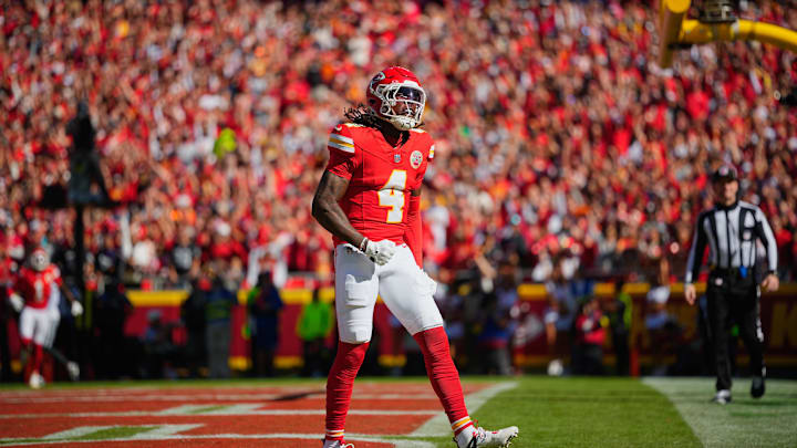 Oct 19, 2025; Kansas City, Missouri, USA; Kansas City Chiefs wide receiver Rashee Rice (4) celebrates after scoring a touchdown against the Las Vegas Raiders during the first quarter of the game at GEHA Field at Arrowhead Stadium. Mandatory Credit: Jay Biggerstaff-Imagn Images Oct 19, 2025; Kansas City, Missouri, USA; Kansas City Chiefs wide receiver Rashee Rice (4) celebrates after scoring a touchdown against the Las Vegas Raiders during the first quarter of the game at GEHA Field at Arrowhead Stadium. Mandatory Credit: Jay Biggerstaff-Imagn Images