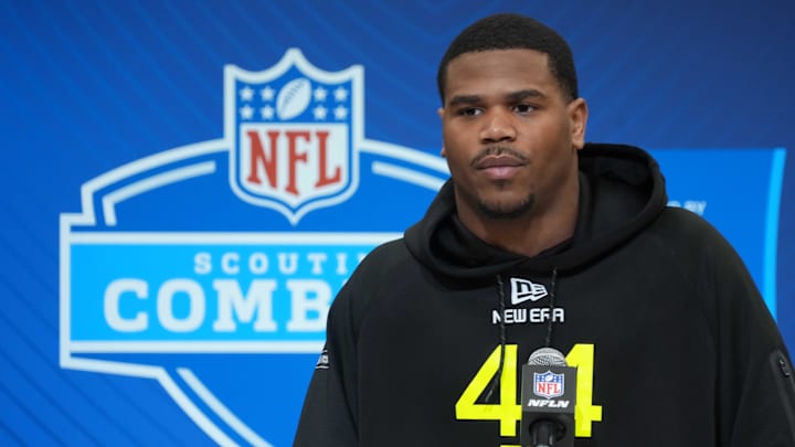 Feb 27, 2025; Indianapolis, IN, USA; Penn State defensive lineman Abdul Carter (DL44) during the 2025 NFL Scouting Combine at the Indiana Convention Center. Feb 27, 2025; Indianapolis, IN, USA; Penn State defensive lineman Abdul Carter (DL44) during the 2025 NFL Scouting Combine at the Indiana Convention Center.