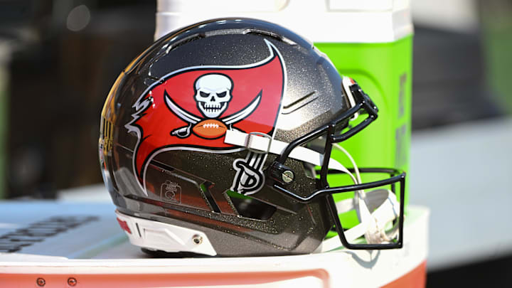 Tampa Bay Buccaneers helmet before a game against the Pittsburgh Steelers at Acrisure Stadium.