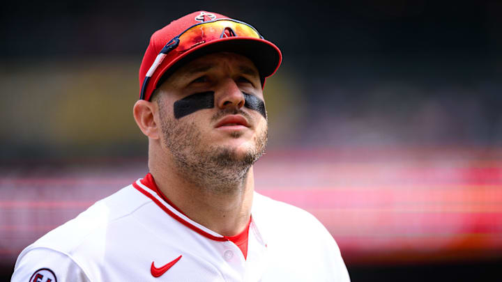 May 3, 2026; Anaheim, California, USA; Los Angeles Angels center fielder Mike Trout (27) looks on during the first inning against the New York Mets at Angel Stadium. Mandatory Credit: William Liang-Imagn Images