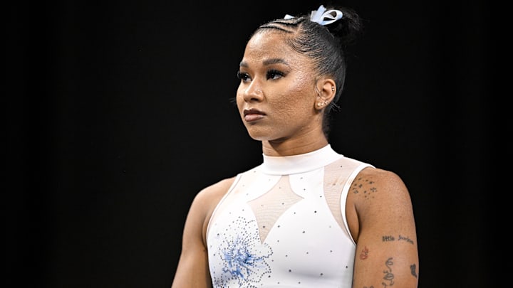 Apr 19, 2025; Fort Worth, TX, USA; UCLA Bruins gymnast Jordan Chiles looks on before the 2025 Women's National Gymnastics Championship at Dickies Arena. Apr 19, 2025; Fort Worth, TX, USA; UCLA Bruins gymnast Jordan Chiles looks on before the 2025 Women's National Gymnastics Championship at Dickies Arena.