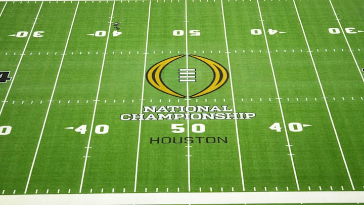 Jan 8, 2024; Houston, TX, USA; The 2024 CFP logo on the field before the 2024 College Football