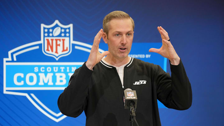 Feb 25, 2025; Indianapolis, IN, USA; New York Jets general manager Darren Mougey speaks during the NFL Scouting Combine at the Indiana Convention Center. Mandatory Credit: Kirby Lee-Imagn Images