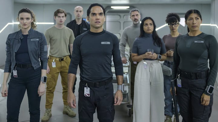 THE ARK -- "We Dont Kill Our Own" Episode 208 -- Pictured: (l-r) Christie Burke as Lt. Sharon Garnet, Ryan Adams as Angus Medford, Pavle Jerinic as Felix Strickland, Reece Ritchie as Lt. Spencer Lane, Jadran Malkovich as Dr. Marsh, Shalini Peiris as Dr. Sanjivni Kabir, Stacey Read as Alicia Nevins, Diana Bermudez as Kimi -- (Photo by: Aleksandar Letic/Ark TV Holdings, Inc./SYFY)