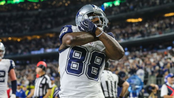 ARLINGTON, TX - NOVEMBER 30: Dallas Cowboys wide receiver Dez Bryant (88) throws up the "X" after scoring a touchdown during the game between the Dallas Cowboys and the Washington Redskins on November 30, 2017 at the AT&T Stadium in Arlington, Texas. Dallas defeats Washington 38-14