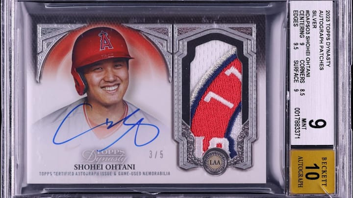 Ohtani’s high-end Topps Dynasty cards have surged in value. This example is up roughly 6x over the past few years, but several of his top cards have climbed even higher.