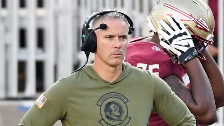 Nov 2, 2024; Tallahassee, Florida, USA; Florida State Seminoles head coach Mike Norvell looks on from the sideline after the North Carolina Tarheels score a final touchdown in the fourth quarter at Doak S. Campbell Stadium. Mandatory Credit: Robert Myers-Imagn Images