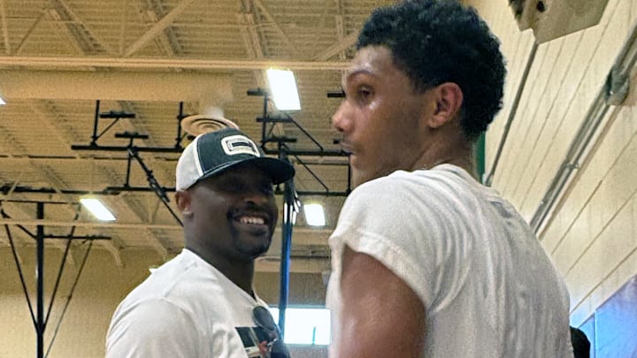 Acaden Lewis (right) and his high school coach Eric Singletary at a workout at Trinidad Recreation Center in Washington, DC in May after Lewis signed with Villanova. 