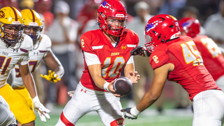 Brady Palmer (10) is having a monster year for No. 10 Cathedral Catholic which will be on the hot seat Friday taking on a De La Salle team that has not allowed a defensive touchdown in four of five games this season. Brady Palmer (10) is having a monster year for No. 10 Cathedral Catholic which will be on the hot seat Friday taking on a De La Salle team that has not allowed a defensive touchdown in four of five games this season.