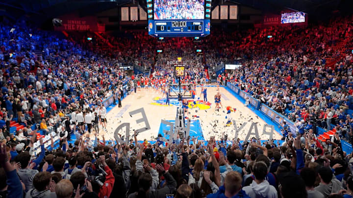 Kansas Jayhawks fans yell out before the exhibition game against Fort Hays State Tigers inside Allen Fieldhouse on Tuesday, October, 28, 2025.