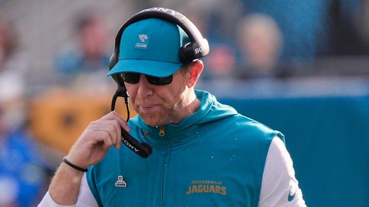 Jacksonville Jaguars head coach Liam Coen spits along the sideline in the third quarter during an NFL football game at EverBank Stadium, Sunday, Dec. 14, 2025, in Jacksonville, Fla. The Jaguars defeated the Jets 48-20. 