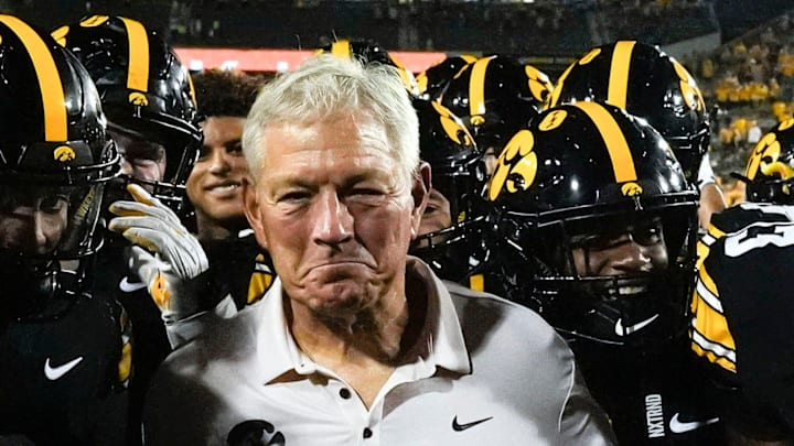 Iowa Hawkeyes head coach Kirk Ferentz reacts after becoming the winningest coach in Big Ten history, passing Woody Hayes, with a win over the Massachusetts Minutemen Sept. 13, 2025 at Kinnick Stadium in Iowa City, Iowa.