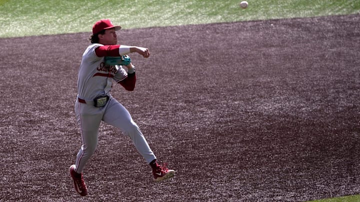 Stanford's infielder Trevor Haskins (5) throws to first base against Texas Tech in game two of their non-conference baseball series, Tuesday, April 2, 2024, at Rip Griffin Park.