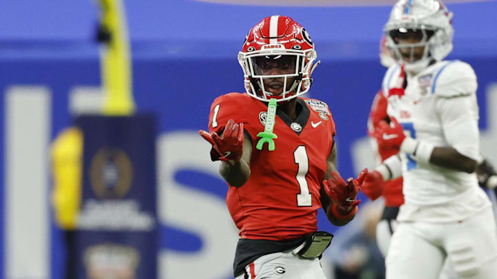 Jan 1, 2026; New Orleans, LA, USA; Georgia Bulldogs wide receiver Zachariah Branch (1) gestures after a first down against the Mississippi Rebels during the 2026 Sugar Bowl and quarterfinal game of the College Football Playoff at Caesars Superdome. Mandatory Credit: Geoff Burke-Imagn Images
