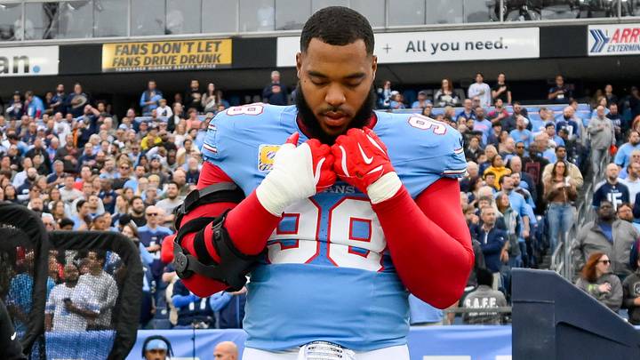 Oct 11, 2026; Nashville, Tennessee, USA;  Tennessee Titans defensive tackle Jeffery Simmons (98) stands during the National Anthem against the Houston Texans during the first half at Nissan Stadium. Mandatory Credit: Steve Roberts-Imagn Images