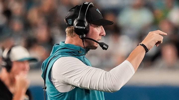 Jacksonville Jaguars head coach Liam Coen coaches from the sideline during the second quarter at EverBank Stadium in the second preseason game on Friday night, August 21, 2026 in Jacksonville, Fla. 