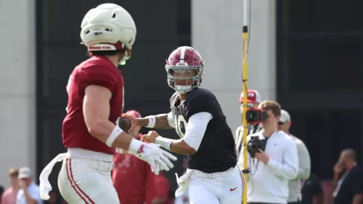 Alabama Quarterback Austin Mack (10) in action during the Scrimmage at Thomas-Drew Practice Fields in Tuscaloosa, AL on Friday, Mar 27, 2026.