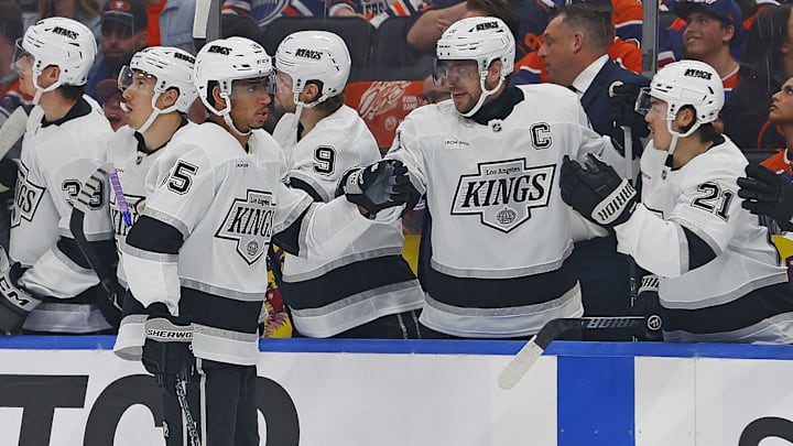 The Los Angeles Kings celebrate a goal by forward Quinton Byfield during the first period against the Edmonton Oilers.